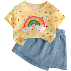 Polka Dots Other Sets Children's Clothing Shein pcs Back To School Girls Casual Cute Round Neck Polka Dot Rainbow Print TShirt And Solid Color Denim Skirt Shorts Set Summer