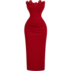 Shein Red Floral Ruched Bodycon Midi Dress For WomenFall Wedding Guest DressHomecoming DressesBrunch Women OutfitVestidos ElegantFallWinter DressesConcert