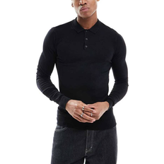 Round Polo Shirts New Look Long Sleeve Knitted Polo - Black