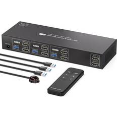 Nordic HDMI KVM-Switch 3 Computere 2 Skærme 4K60Hz EDID 4 USB 3.0 Porte Med Fjernbetjening