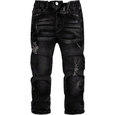 Viscose Trousers Shein Young Boy Black Comfortable And Refreshing Dark Wash Cut Out Ripped Frayed Design Elasticity Denim Skinny Pants For Dailywear