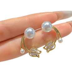 Shein Tulip-shaped Earrings For Women, Unique Design, French Style Flower With High-end Cat's Eye Stone & Pearl Decoration