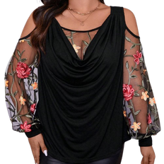 Shein Plus Women Floral Embroidered Decor Off Shoulder Casual Blouse