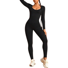 Seamless Jumpsuits & Overalls Shein Solid Color Scoop Neck Open Back Tight Seamless Jumpsuit Long Sleeve