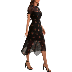 Shein Damen Gothic Vintage Schwarz und Gelb Rose Muster Mesh gespliced doppellagig High Kragen Taille-Cinched unregelmäßige Saum Kleid