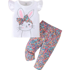 Girls - White Other Sets Children's Clothing Shein pcsSet Baby Girl Easter Rabbit Flutter Sleeve Top And Floral Pants Set For Summer