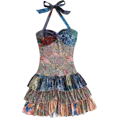 Shein Multicolor Floral Print Pleated Backstring Bowknot Tiered Ruffle Hem Mini Dress For Women Suitable For Vacation Wearable As Outerwear Or Underwear