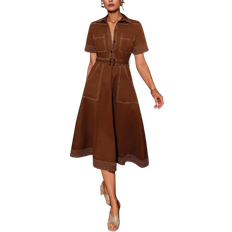 Shein Womens Collared ContrastColor Button Down Pocketed Belted Summer Casual Short Sleeve Dress