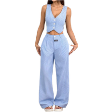Shein Linen Simple Stripe Print Tube Top And Long Pants Two-Piece Set - Linen
