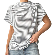 Shein Elegant Casual Mock Neck Short Sleeve Blouse - Pleated Design