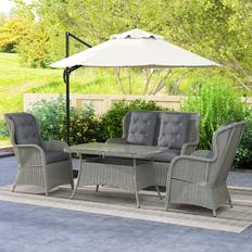 OutSunny 4 Pcs Rattan Sofa with High Back Chairs and Tempered Glass Coffee Light Grey Outdoor Lounge Set