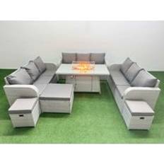 Fimous PE Rattan Sofa 12 Seater Garden Furniture Set with Firepit Dining Table 3 Seater Light Grey Outdoor Lounge Set