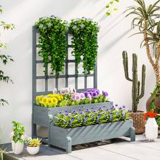 OutSunny 2-Tier Wooden Raised Bed with Trellis and Drainage Holes Grey