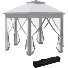 OutSunny Gartenpavillon 4 x 4 m Pop-Up-Zelt inkl. Tragetasche 6 Seitenteile Doppeldach Sechseckig Grau