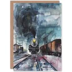 ARTERY8 Steam Train Arrival Yard Stormy Day Watercolour Birthday Art Card Blue