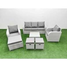 Garden & Outdoor Furniture Fimous PE Rattan Garden Furniture Reclining Chair Sofa Sofa Set 3 Stools Light Grey Outdoor Lounge Set