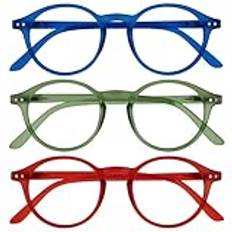 Rey Läsglasögon 3-pack Retro Rund Ram Matt Blå Grön Röd +1,50