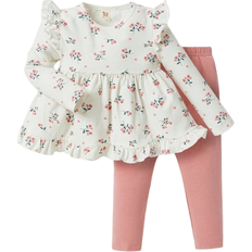 Shein Infant Baby Girls Flower Patterned Round Neck Top With Ruffle Sleeve And Solid Color Skinny Pants Twopiece Set