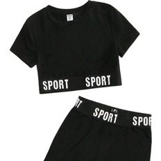 Shein Girls Letter Tape Detail Tee and Cycling Shorts Set