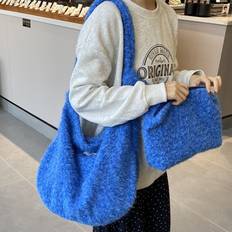 Blue Bucket Bags Velvet Velvet Buckle Plush Bucket Bag - Sweet Handbag