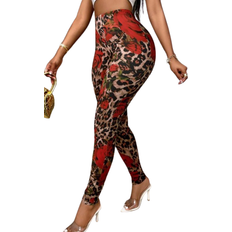 Shein Red Rose Leopard Pattern Digital Print Skinny Leggings Versatile IndoorOutdoor Wear