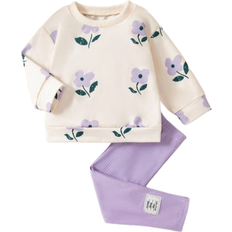 Shein Flower Print Rib Knit Crew Neck Sweatshirt - Fall/Winter