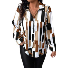 Shein Plus Womens Autumn Geometric Print Long Sleeve SingleBreasted Casual Blouse