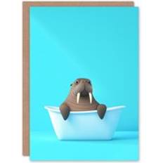 Cartoon Cards & Invitations ARTERY8 Cute Cartoon Walrus Bathtub Bath Time Vibrant Greeting Card Blue One Size