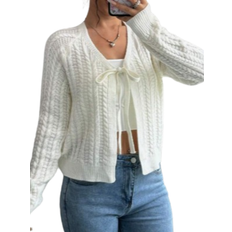 Shein Hvid Trøjer Shein Casual French Style Wheat Ear Textured Bow Front Long Sleeve Knit Cardigan For Women