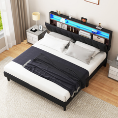 Moasis King Black PVC Bed Frame with Storage Upholstered Velvet Headboard