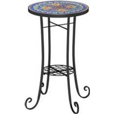 Balcony Tables OutSunny 35.5cm Round Mosaic Garden Side Plant Stand with Shelf Blue Balcony Table