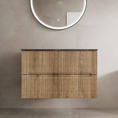 Aurora 800mm Bathroom Vanity Unit Grey Marble Countertop Wall Hung Fluted Oak Unit