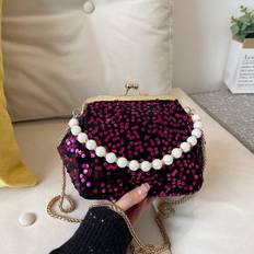 Purple Clutches SLOERT Vintage Silver Luxe Sequin Clutch With Pearl Chain - Purple