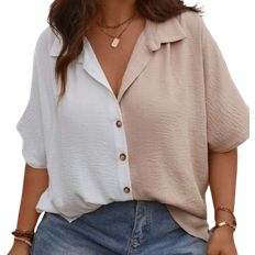 Shein Plus kvinnor frgblockerande fladdermusrm Casual ls skjorta med nedfllbar krage fr sommaren