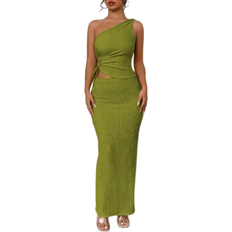 Shein 2pcs Elegant Set: Asymmetric Neckline Cutout Drawstring Blouse And Mini Skirt