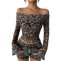 Shein Womens Leopard Print Mesh Off Shoulder Flare Sleeve Crop Top