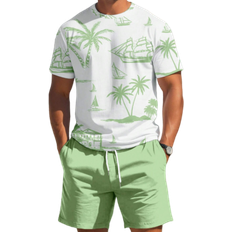 Shein Piece Mens Summer Vacation Palm Tree Print Crew Neck Short Sleeve Casual TShirt And Drawstring Waist Shorts Set