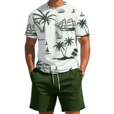 Shein Mens Summer Palm Tree Printed Short Sleeve TShirt And Drawstring Waist Shorts Vacation Set