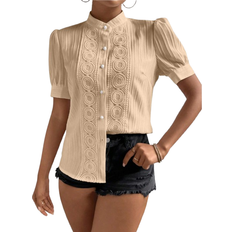 Spets Skjortor Shein Women's Lace Panel Stand Collar Short Puff Sleeve Shirt