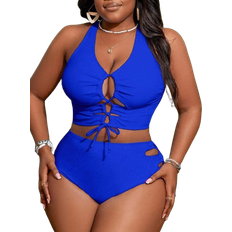 Shein Plus Women Solid Color Criss Cross Strap Swimwear Set