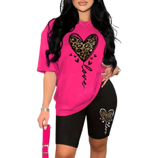 Shein pcs Womens Leopard Heart Love Print Drop Shoulder TShirt Set Casual Short Sleeve Tops For Summer Perfect For Valentines Day Gifts