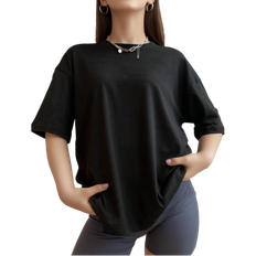Shein Big Shoulder Short SleevesTShirt Drop Pure Colour Black Summer Relaxed Leisure