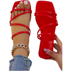 Red Sandals Shein Womens Casual Flat Sandals Summer New Red Striped Slippers Fashionable And Simple Vacation Beach Shoes