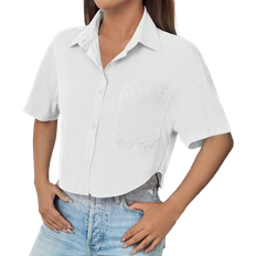 Cropped Shirts Shein Solid Button Front Drop Shoulder Shirt For Summer