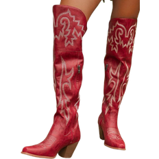 Red - Women Riding Shoes Shein Fashionable Square Toe Chunky Heel Western Style Embroidered Boots Cowboy Boots For Women