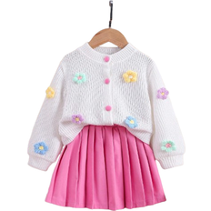 Shein pcs Girls Casual Cardigan Knit Top Jacket With Floral Print Design And Skirt Set Autumn Outfit