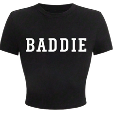 Shein Roligt brevtryck med rund hals och kortrmad Crop Top fr sommarens fritidsklder
