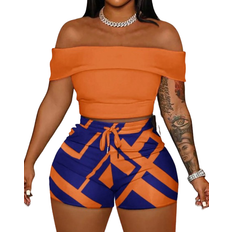 Shein Boho Summer Holiday Off Shoulder TightFitting Top And AllOver Printed Waist Tie Mini Shorts Going Out Set