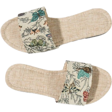 Shein Womens New Summer Cloth Random Pattern Embroidered Round Toe Slide Sandals Comfortable Flat Beach Shoes For Vacation
