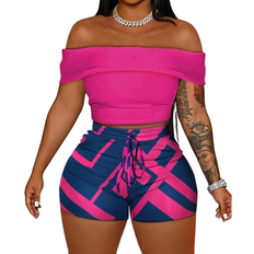 Shein Boho Summer Holiday Off Shoulder TightFitting Top And AllOver Printed Waist Tie Mini Shorts Going Out Set